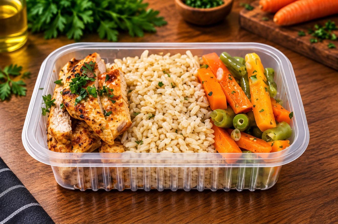 Filé de frango grelhado, arroz integral, cenoura e vagem em uma marmita.