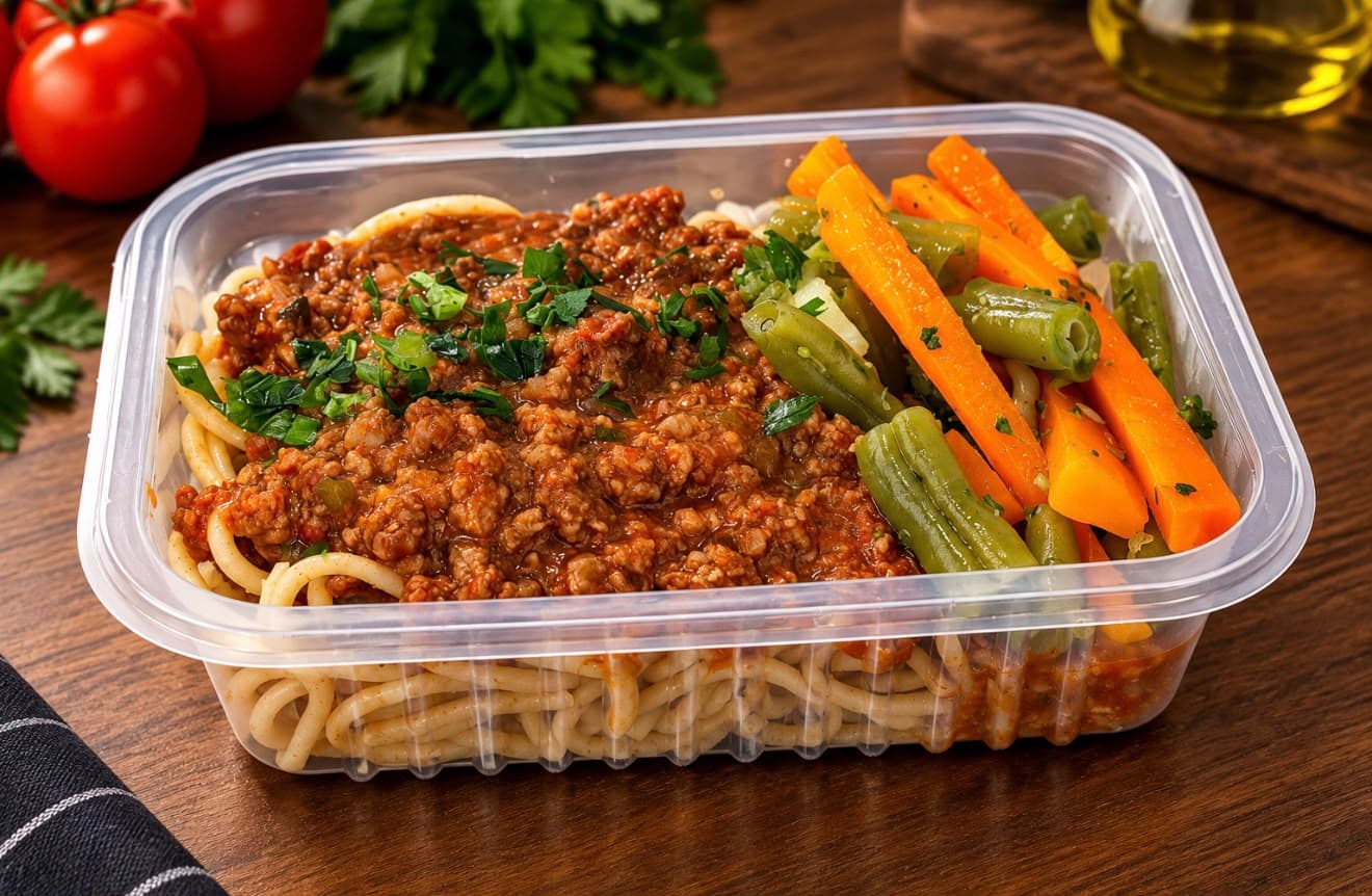 Macarrão integral com molho bolonhesa, cenoura e vagem em uma marmita.