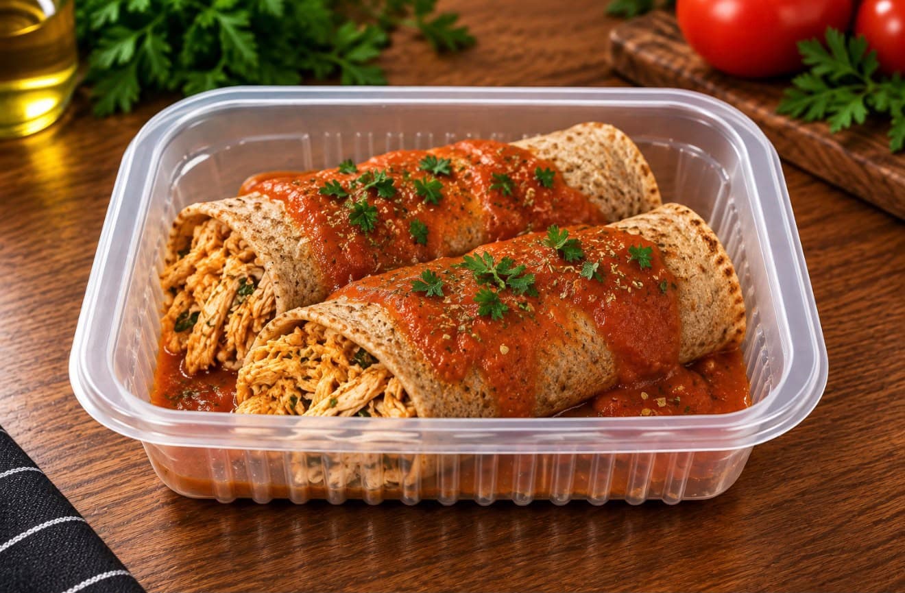 Duas panquecas integrais recheadas com frango e cobertas com molho de tomate em uma marmita.