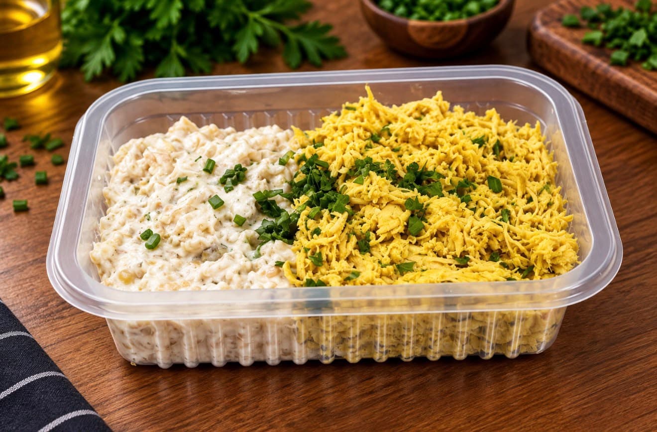 Risoto integral cremoso e frango desfiado com ervas em uma marmita.